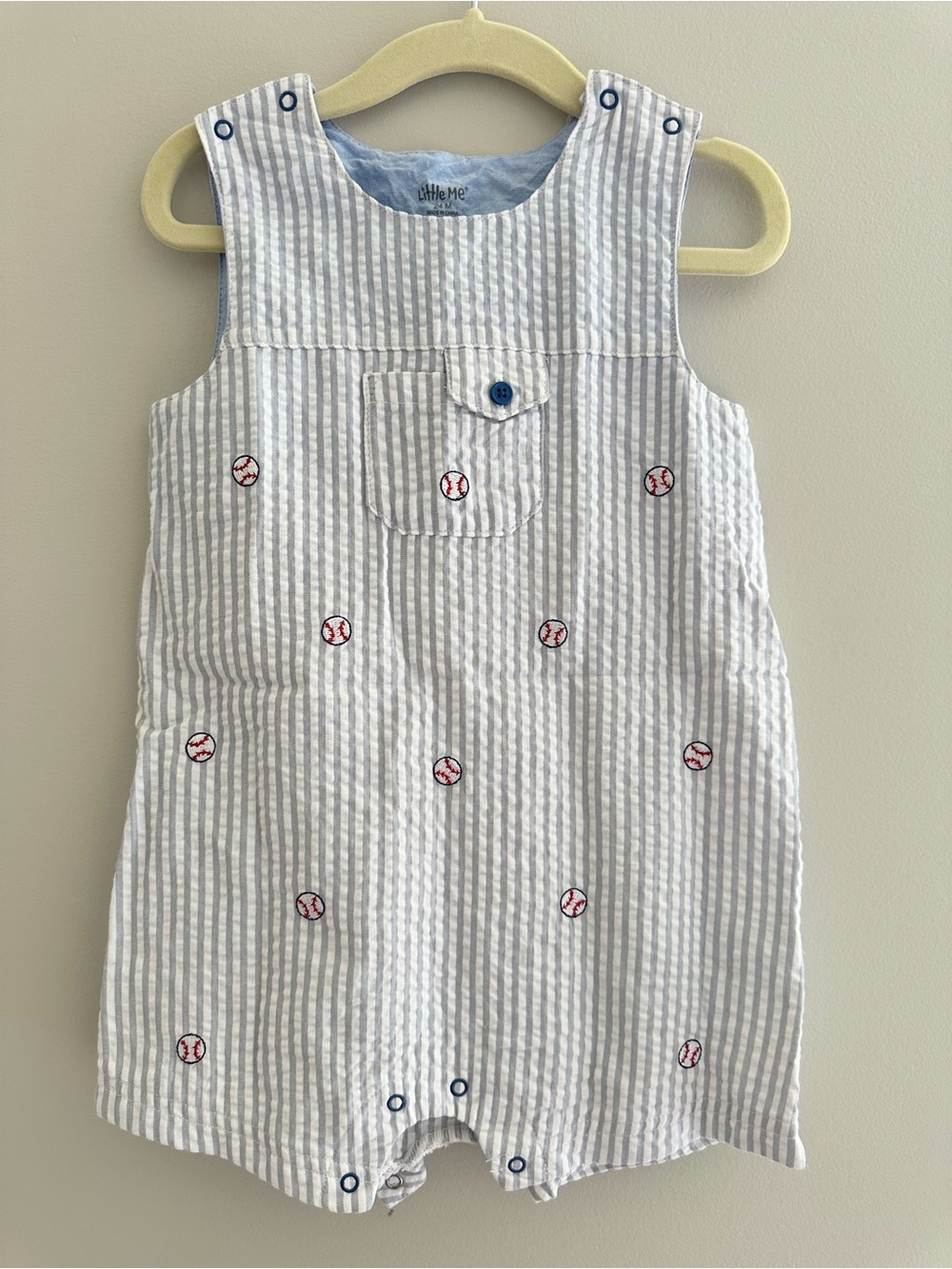 Little Me Baseball Embroidered Seersucker Short Overalls, 24M